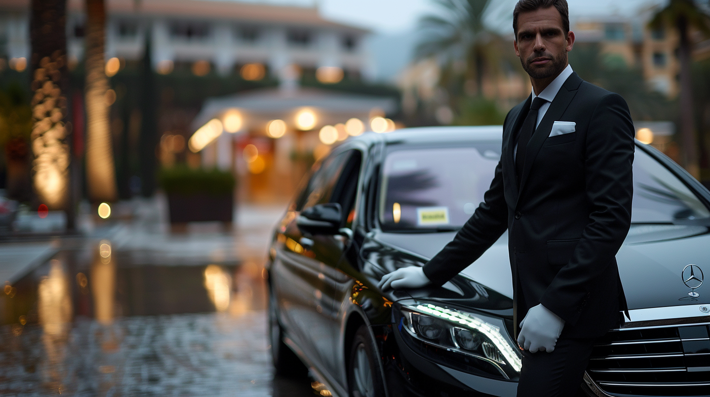 Professional chauffeur opening Mercedes door